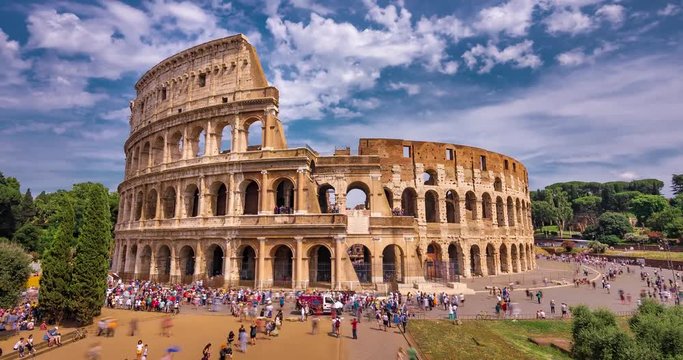Colosseum in Rome City Center Timelapse UHD 4K. Rome Colosseo Timelapse with Beautiful Rolling Clouds.