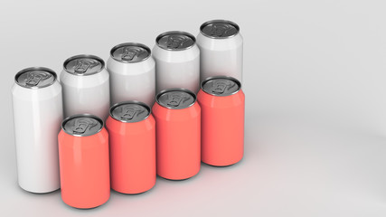  White and red soda cans standing in two raws on white background