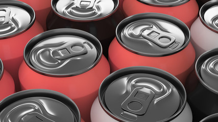 Big black, white and red soda cans on white background