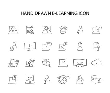 Hand drawn icon set. E-learning pack. Vector illustration