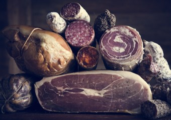 Closeup of charcuterie meat products