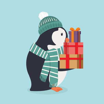 Cute penguin wearing green hat and scarf with gift