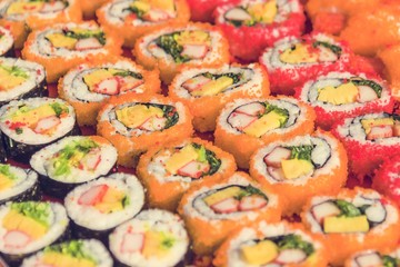 Colorful assortment of Sushi rolls