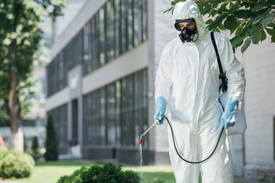 pest control worker in uniform and respirator spraying pesticides on street with sprayer