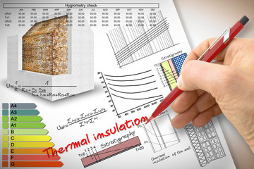 Engineer writing formulas and diagrams about thermal insulation and buildings energy efficiency -...