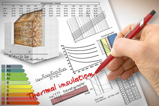 Engineer writing formulas and diagrams about thermal insulation and buildings energy efficiency - concept image