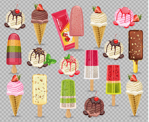 Ice cream set collection Vector realistic. Fruits, vanilla and chocolate flavors. Detailed 3d illustrations