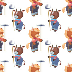 Full-color seamless pattern with the image of cute farm animals. Vector background.