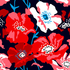 Colorful large poppies on dark blue background.