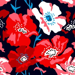 Wallpaper murals Poppies Colorful large poppies on dark blue background.
