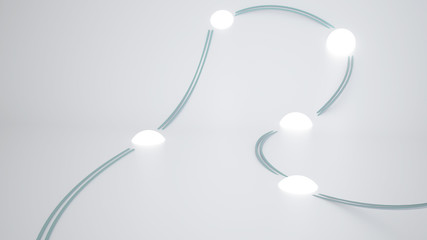 Light spheres joined in a curved path connected by separate lines.