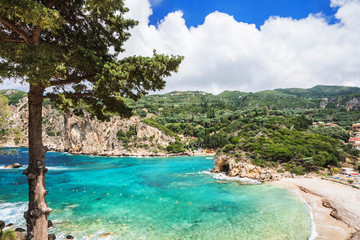 Fototapeta na wymiar Beautiful beach near Paleokastritsa village, Corfu island, Greece