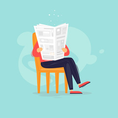 Man reads a newspaper, news. Flat design vector illustration.