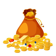 Cartoon big old bag with gold coins jewelry. Cash prize vector concept. Bag with golden coin, illustration of money, isolared on white background