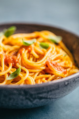 Italian pasta with tomato sauce in bowl