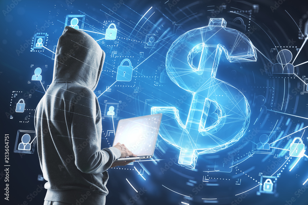 Aufkleber cyber attack concept with hacker and dollar