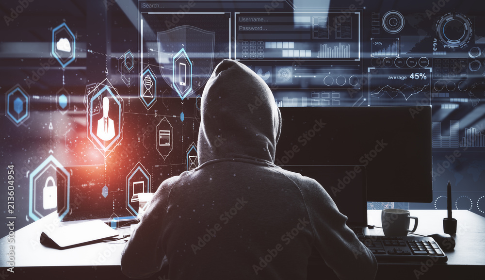Aufkleber hacking process with hacker and computers
