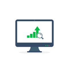 Growth Graph with Magnifying glass on PC monitor icon. Vector business success illustration concept