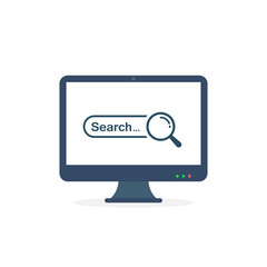 Web search bar on computer monitor vector flat illustration. Computer with open browser window and magnifying glass. Web search concept