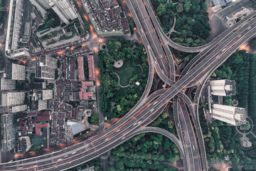 Aerial view of highway and overpass in city