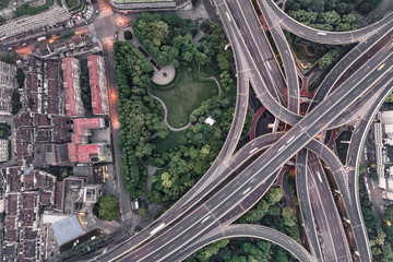 Aerial view of highway and overpass in city
