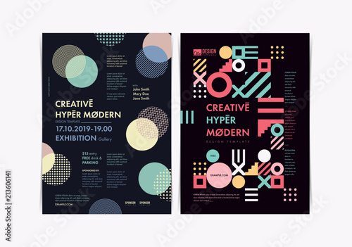 set of flyer templates with geometric shapes and patterns 80s set of flyer templates with geometric shapes and patterns 80s memphis geometric style vector