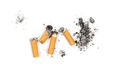 Cigarette stubs, butts and ash isolated on white background, top view