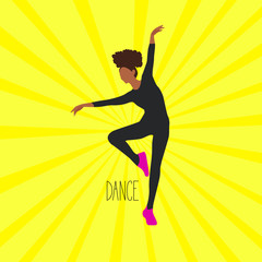 Fototapeta na wymiar Silhouette of a dancing girl on bright yellow background. Vector illustration with dancer woman and text - dance. Design concept can be used for promotion flyer, poster, banner, wallpaper, cover