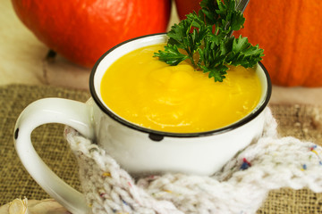 Hot pumpkin soup. A traditional autumn dish.