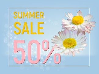 Summer sale 50 percent off banner with daisy flowers on blue background