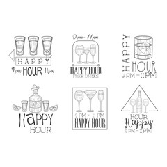 Vectoe set of monochrome emblems for cocktail bar or restaurant. Hand drawn logos with glasses and bottles. Free drinks, happy hour