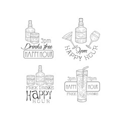 Monochrome promotional signs for cocktail bar or restaurant. Hand drawn vector emblems with alcoholic beverages. Free drinks, happy hour