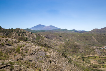 Valley in Teno Mountains with Teide Mountain in the Background, Tenerife, Spain, Europe