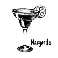 Hand drawn sketch style Margarita cocktail isolated on white background. Vector illustration.