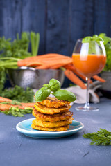 Cutlets from carrots for breakfast. Vegetarian healthy food. Spring vegetables and juices. Grapefruit and basil. Free space for text or a postcard