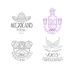 Vector set of 4 original logos for Mexican restaurant. Monochrome emblems with sombrero hat, tequila, maracas and chili peppers