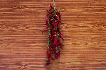 Big bunch of chilli peppers or chili drying on a wooden wall. Organic spices hanging at home with wooden background. Copy space to add text.