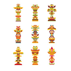Religious totem set, colorful native cultural tribal symbols vector Illustrations on a white background