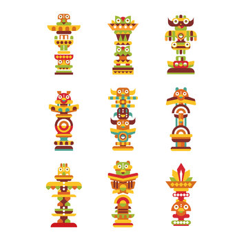 Religious totem set, colorful native cultural tribal symbols vector Illustrations on a white background