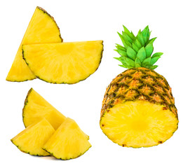 Pineapple collection with fresh Whole and sliced Ananas  isolated on white background. Tropical fruits Set.