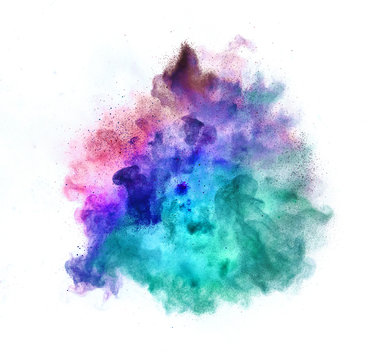 Colored powder explosion on white background.