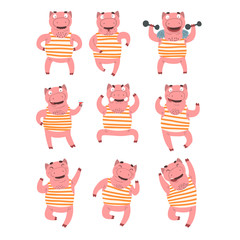 Flat vector set of pink humanized pig in different actions. Domestic animal with various emotions. Funny character in striped t-shirt