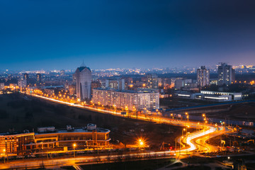 Minsk, Belarus. Top View Cityscape In Bright Blue Hour Evening