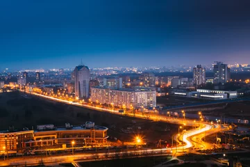 Deurstickers Minsk, Belarus. Top View Cityscape In Bright Blue Hour Evening © Grigory Bruev