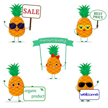 A set of five pineapples Smiley in cartoon style. With different plates and glasses. Flat, vector.