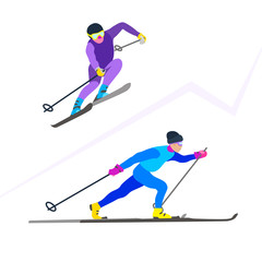 Two skiing sportsmans character in motion. Sporty guy riding on skis. Vector concept in cartoon style. Winter sport game set