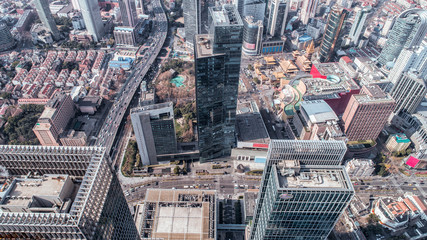Fototapeta premium Aerial View of business area and cityscape in west Nanjing road, Jing`an district, Shanghai