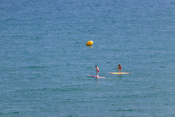 People doing SUP (Stand up paddle) paddle surfing on the beach.