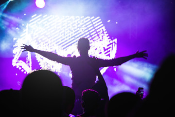 rear view of crowd watching and dancing at a live concert