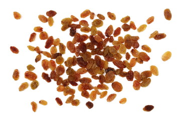 Raisins isolated on white background, top view